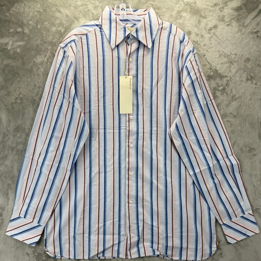 Perry Ellis Mens Pink Blue Striped Cotton Long Sleeve Button Down Shirt L NEW